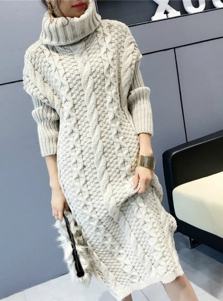 TastyHottie - Knitted Dress Turtleneck Long Sleeve Women Warm Long Sweater Dress
