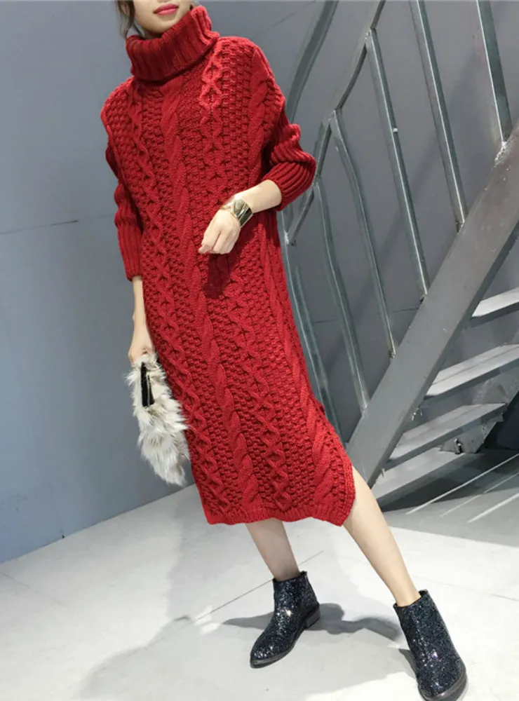 TastyHottie - Knitted Dress Turtleneck Long Sleeve Women Warm Long Sweater Dress