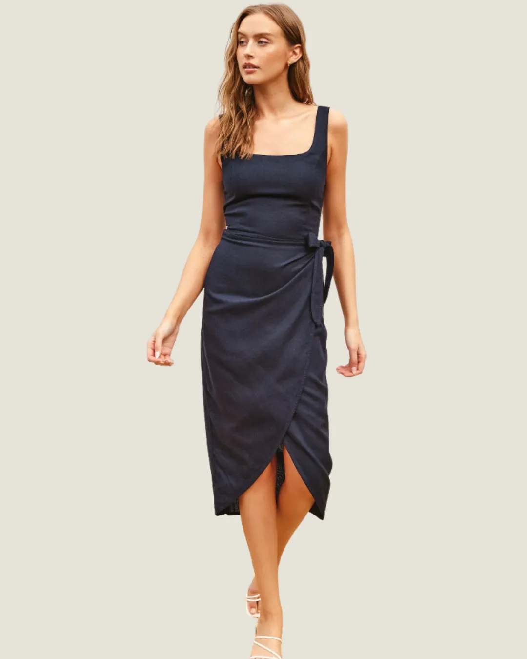 The Kat: Navy Linen Blend Wrap Midi Dress