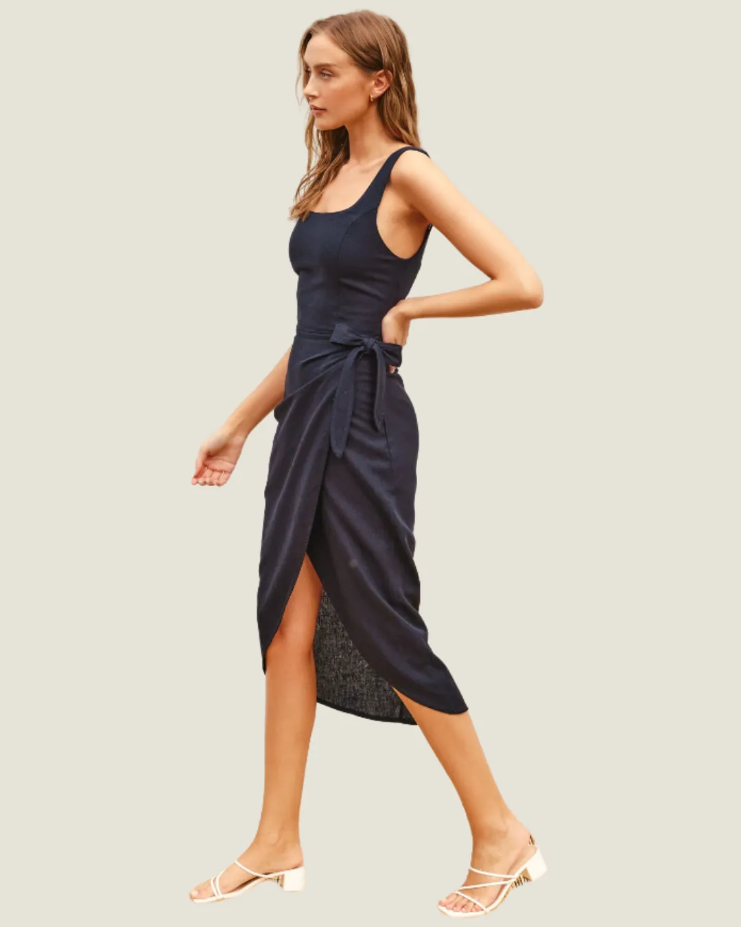 The Kat: Navy Linen Blend Wrap Midi Dress