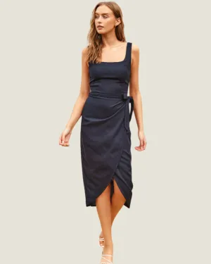 The Kat: Navy Linen Blend Wrap Midi Dress