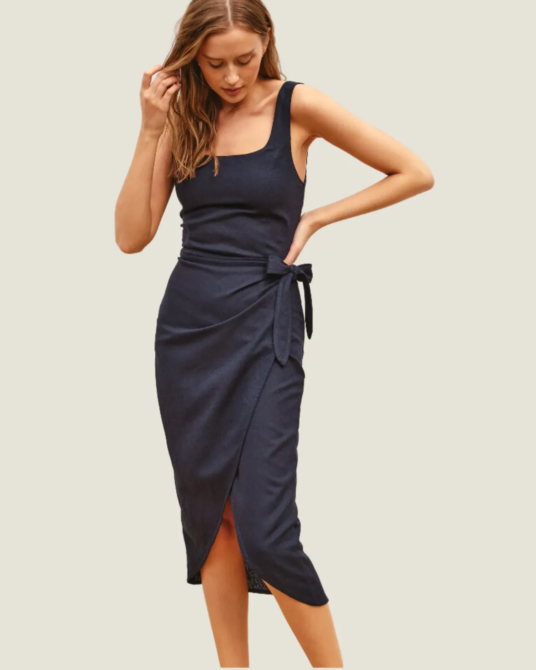The Kat: Navy Linen Blend Wrap Midi Dress