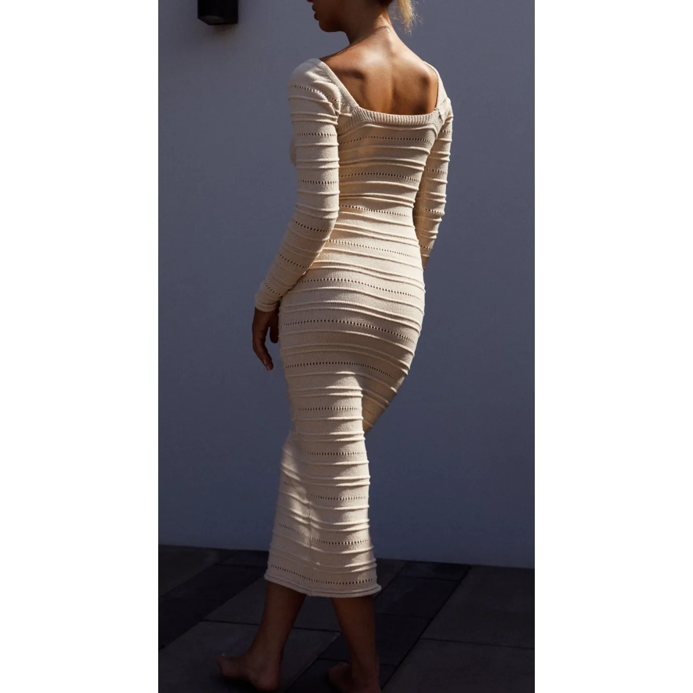 The Kathleen Cream Ribbed Knit Midi Dress