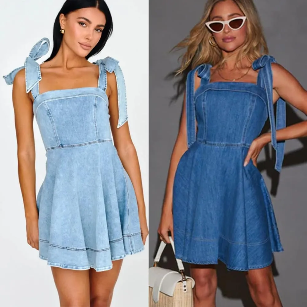 utcoco Denim Dress for Women Tie Shoulder Straps Sleeveless Backless Ruffle A Line Swing Babydoll Mini Jean Dresses