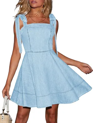 utcoco Denim Dress for Women Tie Shoulder Straps Sleeveless Backless Ruffle A Line Swing Babydoll Mini Jean Dresses