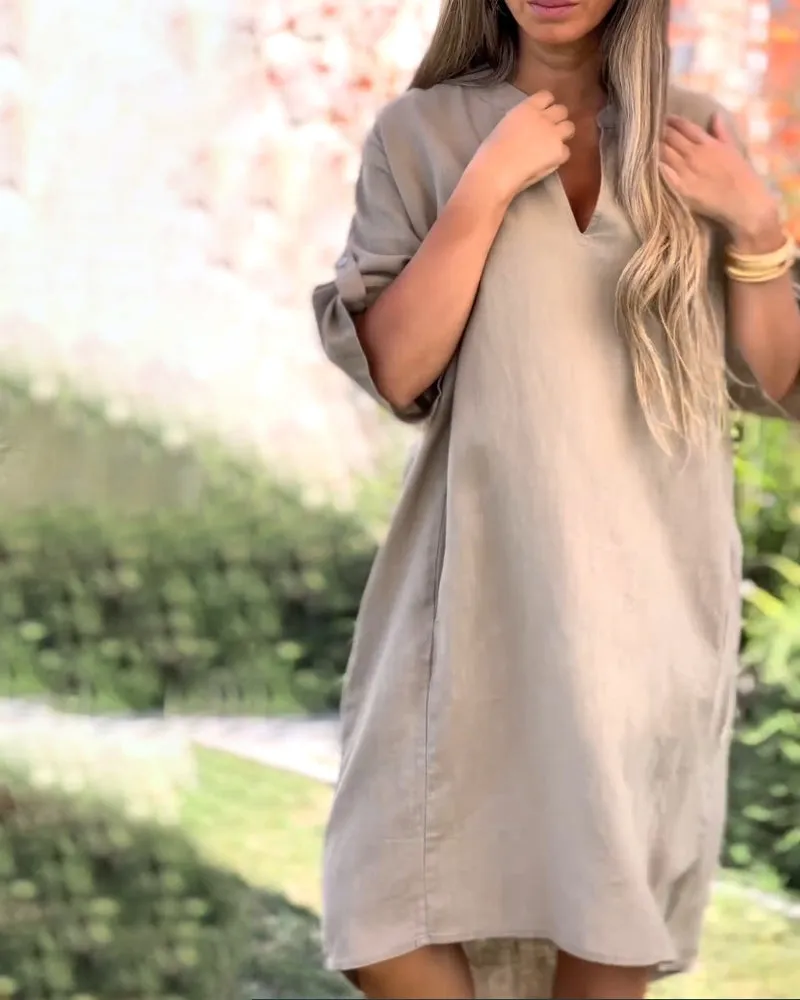 V-neck solid color comfortable casual dress