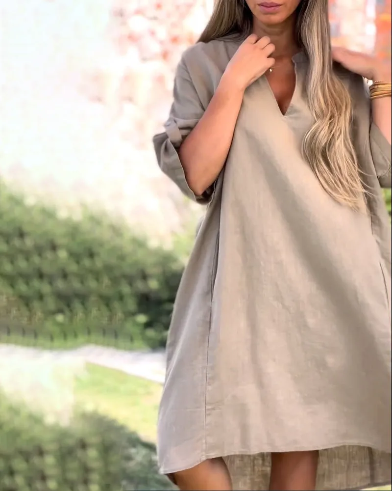V-neck solid color comfortable casual dress