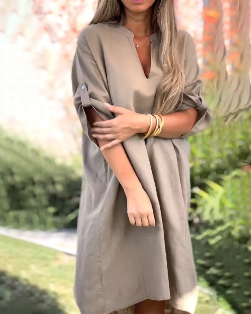 V-neck solid color comfortable casual dress