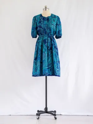 Vintage Floral Blue Pintex Detail Polyester Midi Dress