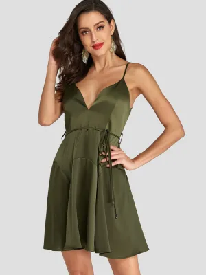 Wholesale Army Green V-Neck Sleeveless Plain Backless Spaghetti Strap Self-Tie Sexy Dress