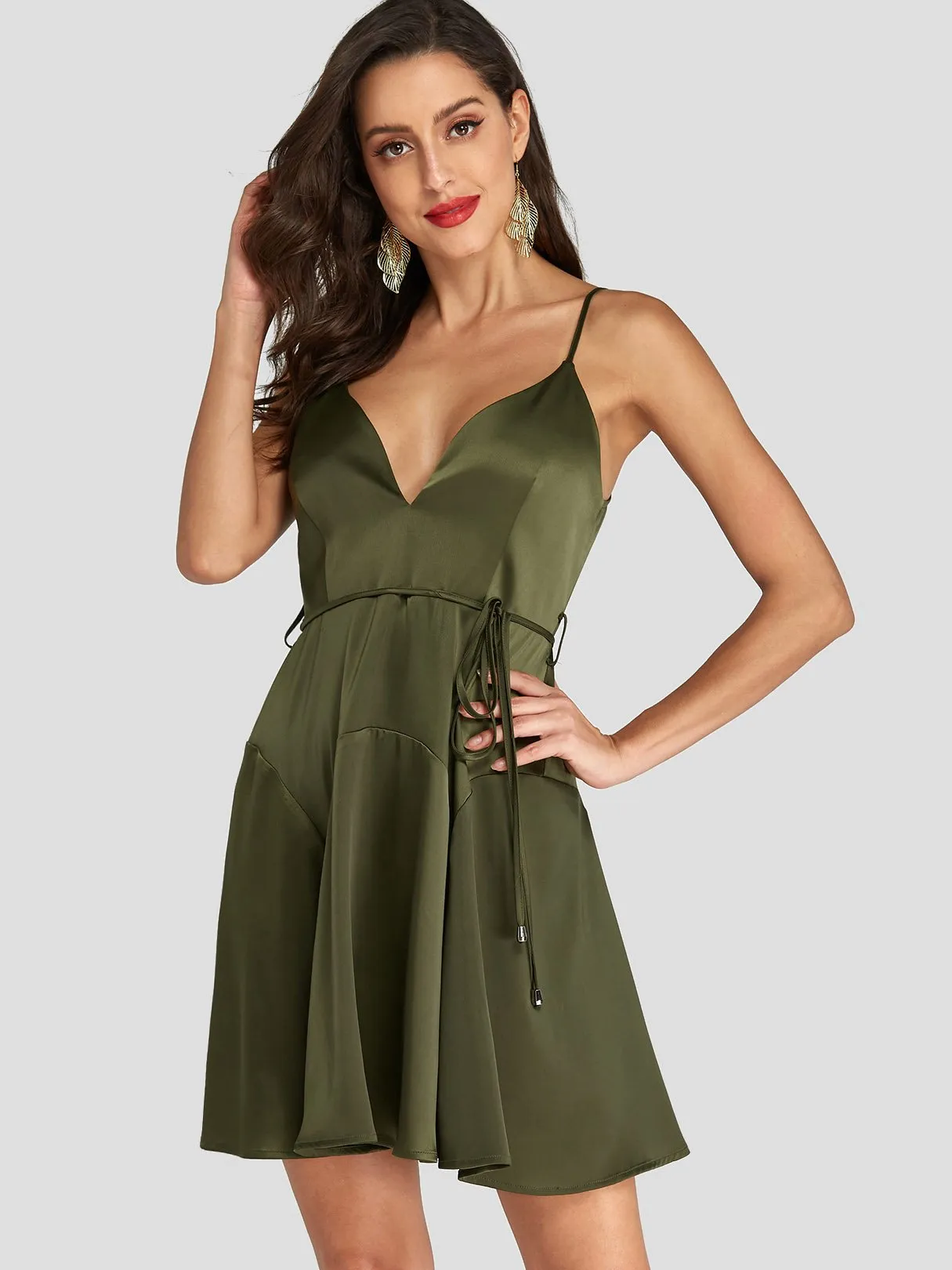 Wholesale Army Green V-Neck Sleeveless Plain Backless Spaghetti Strap Self-Tie Sexy Dress