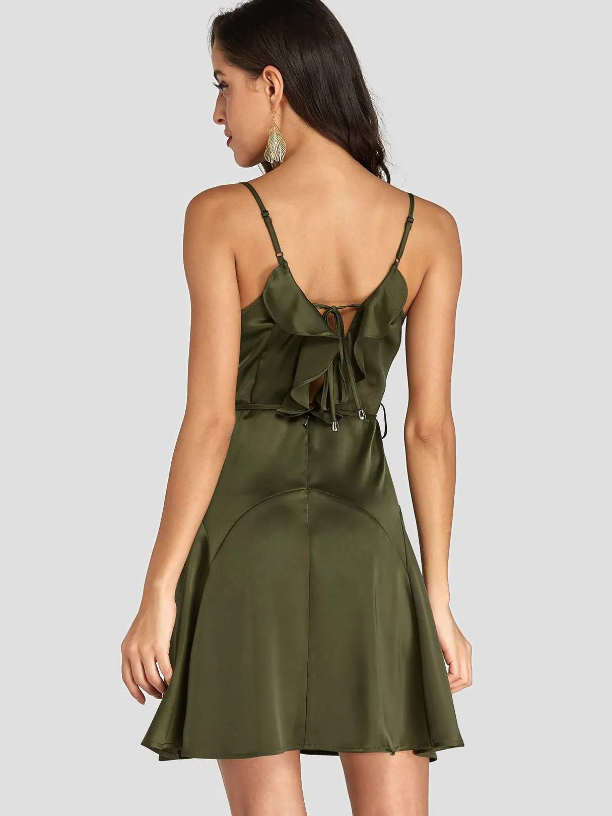 Wholesale Army Green V-Neck Sleeveless Plain Backless Spaghetti Strap Self-Tie Sexy Dress