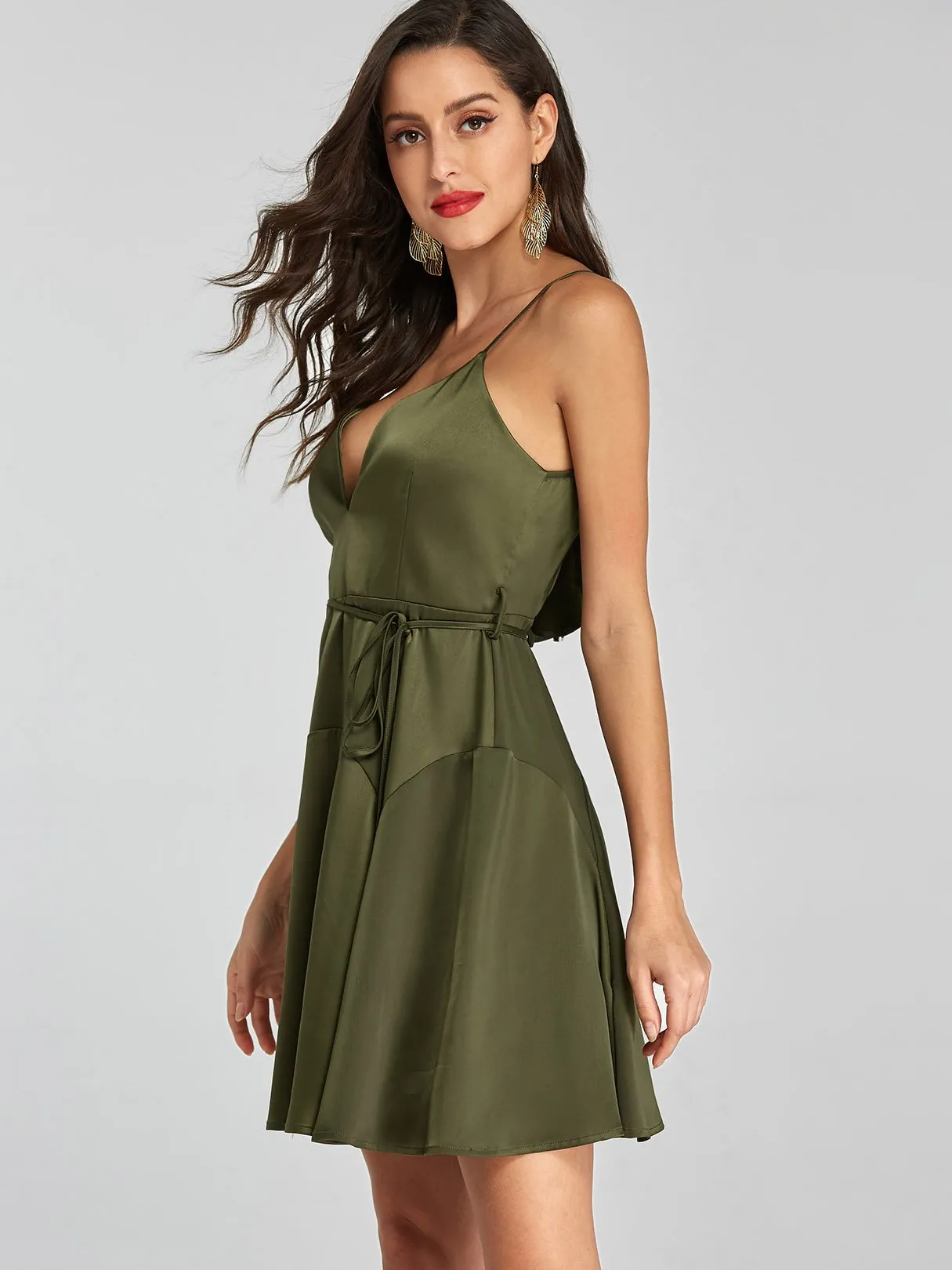 Wholesale Army Green V-Neck Sleeveless Plain Backless Spaghetti Strap Self-Tie Sexy Dress