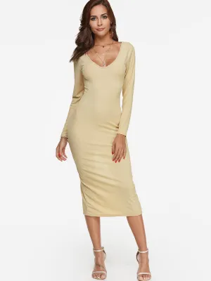 Wholesale Beige Deep V Neck Long Sleeve Plain Bodycon Hem Sexy Dresses