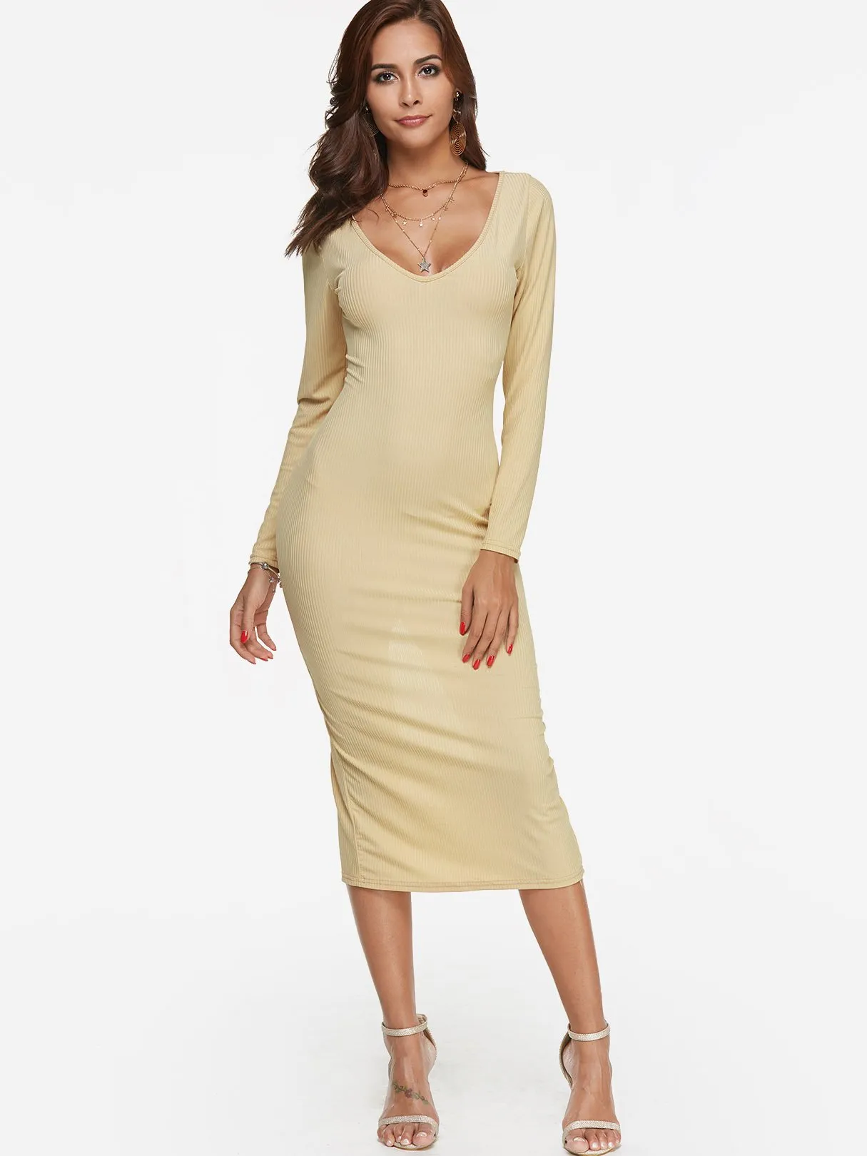 Wholesale Beige Deep V Neck Long Sleeve Plain Bodycon Hem Sexy Dresses