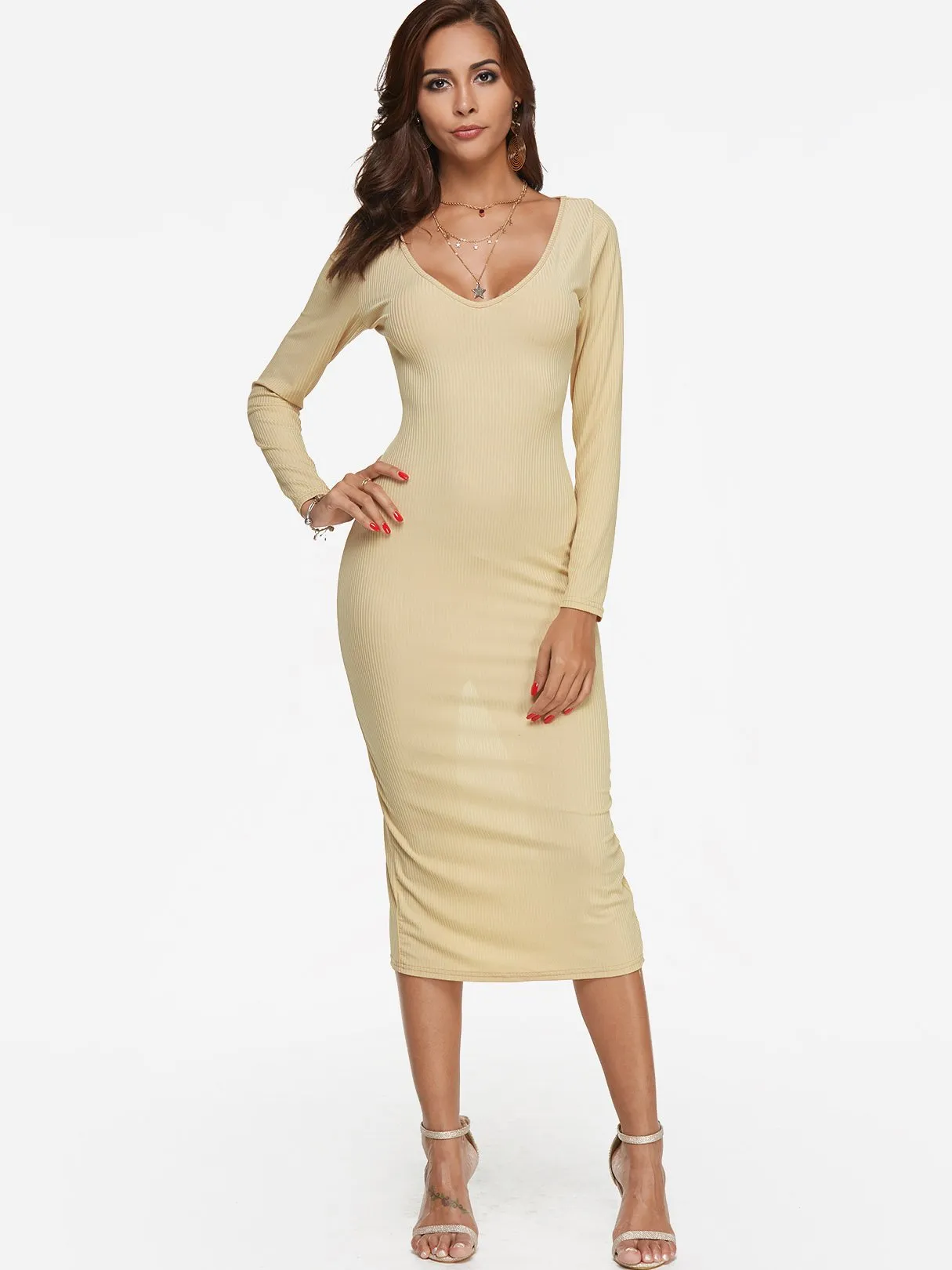 Wholesale Beige Deep V Neck Long Sleeve Plain Bodycon Hem Sexy Dresses