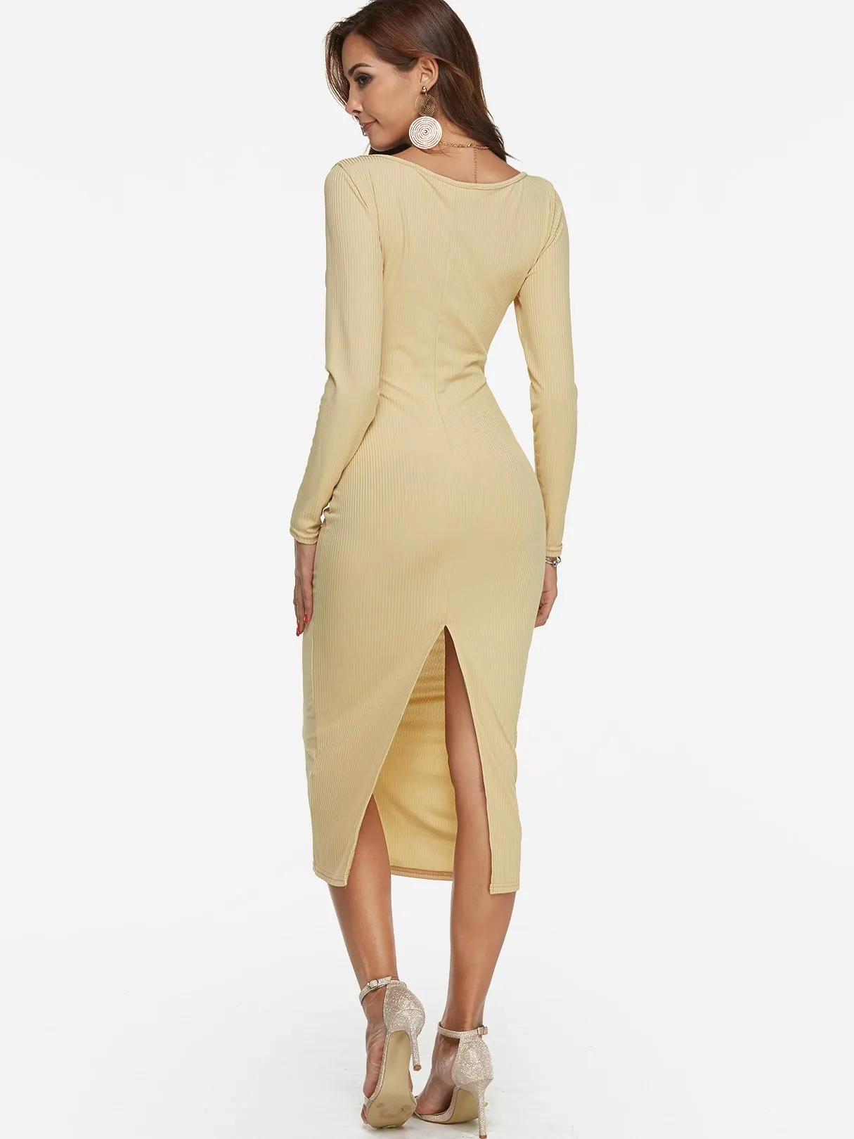 Wholesale Beige Deep V Neck Long Sleeve Plain Bodycon Hem Sexy Dresses