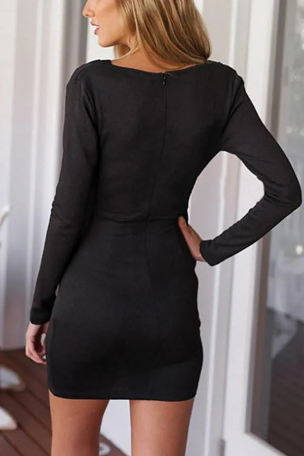 Wholesale Black Deep V Neck Long Sleeve Zip Back Pleated Bodycon Sexy Dress