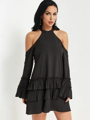 Wholesale Black Halter Cold Shoulder Long Sleeve Plain Sexy Dresses