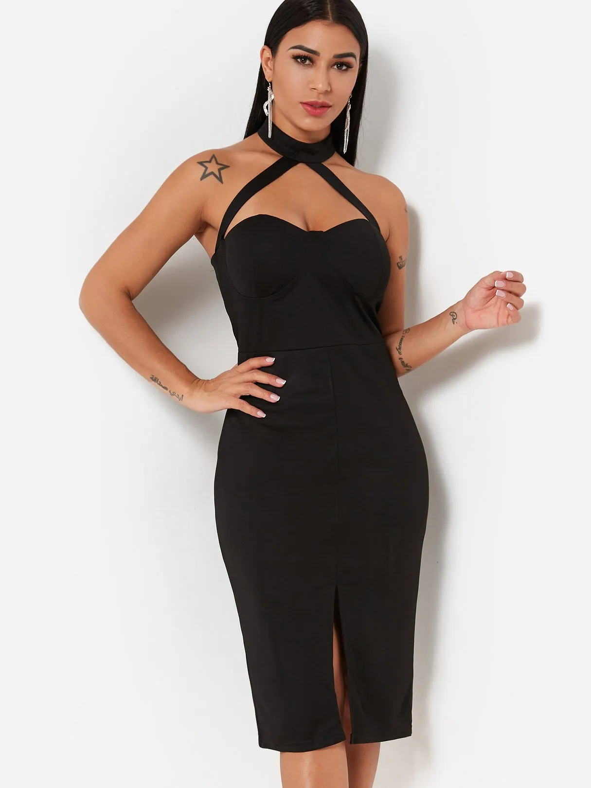 Wholesale Black Halter Sleeveless Backless Slit Hem Sexy Dresses