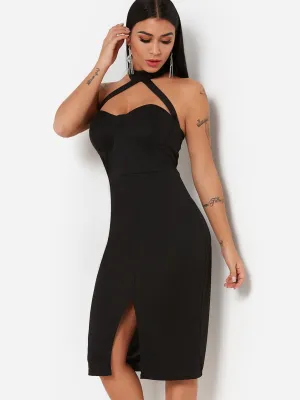 Wholesale Black Halter Sleeveless Backless Slit Hem Sexy Dresses