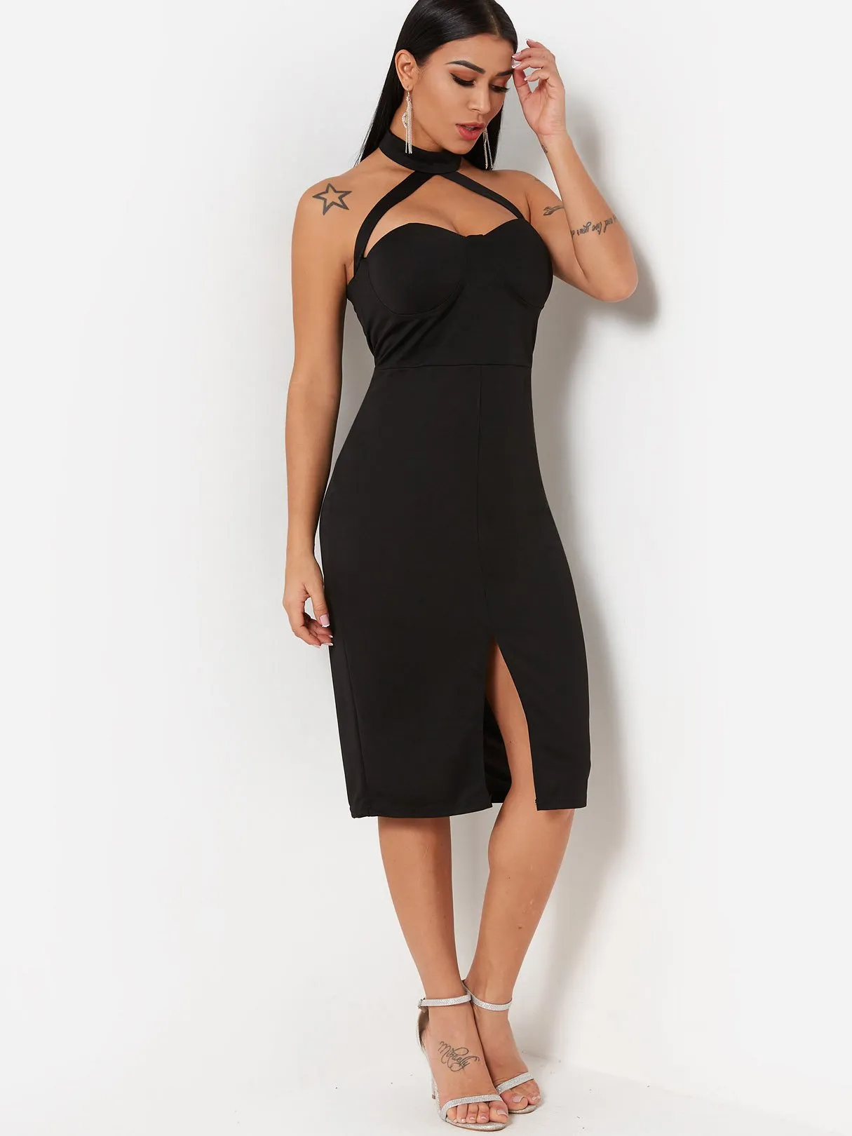 Wholesale Black Halter Sleeveless Backless Slit Hem Sexy Dresses