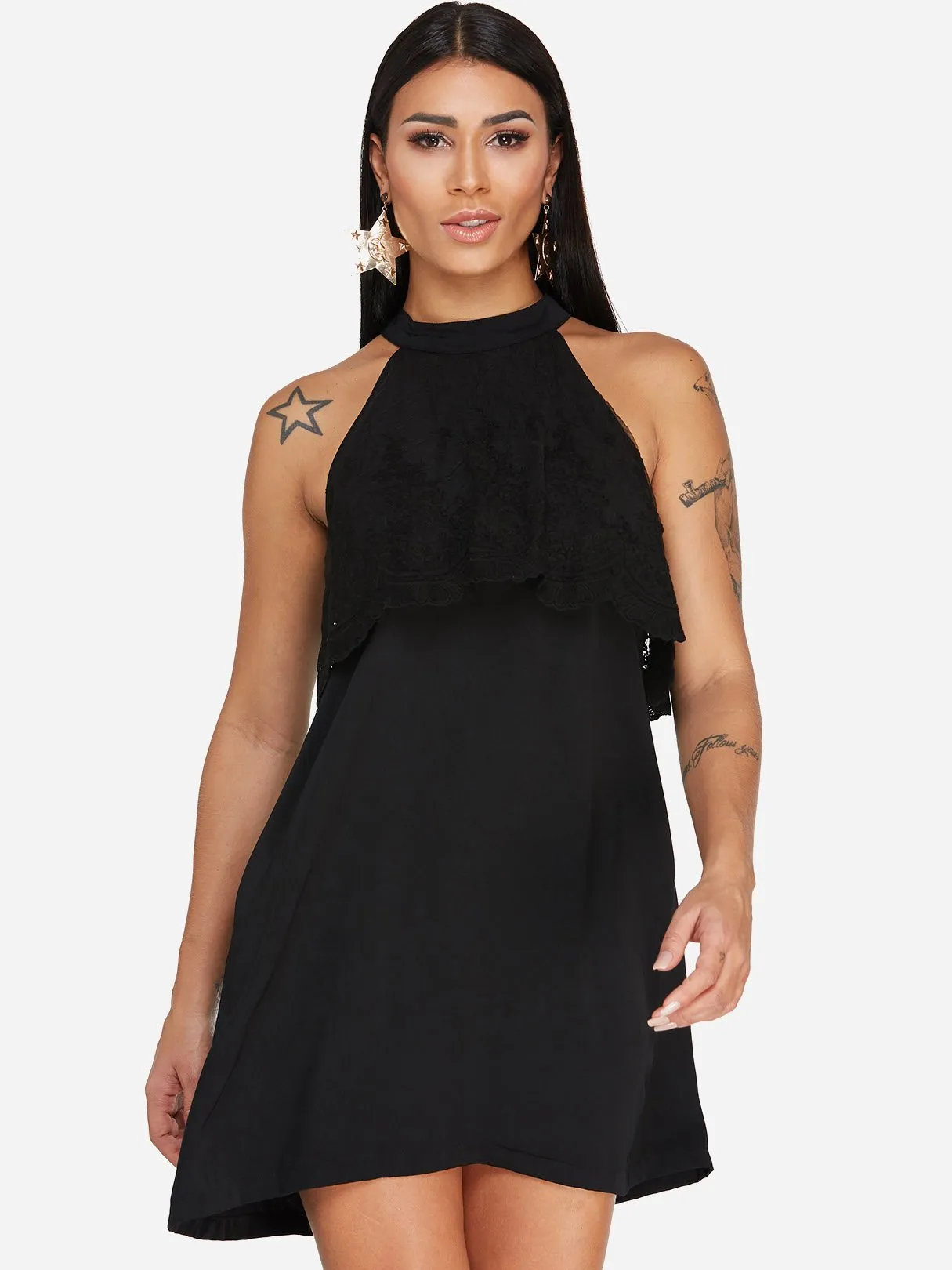 Wholesale Black Halter Sleeveless Lace Tiered Sexy Dress