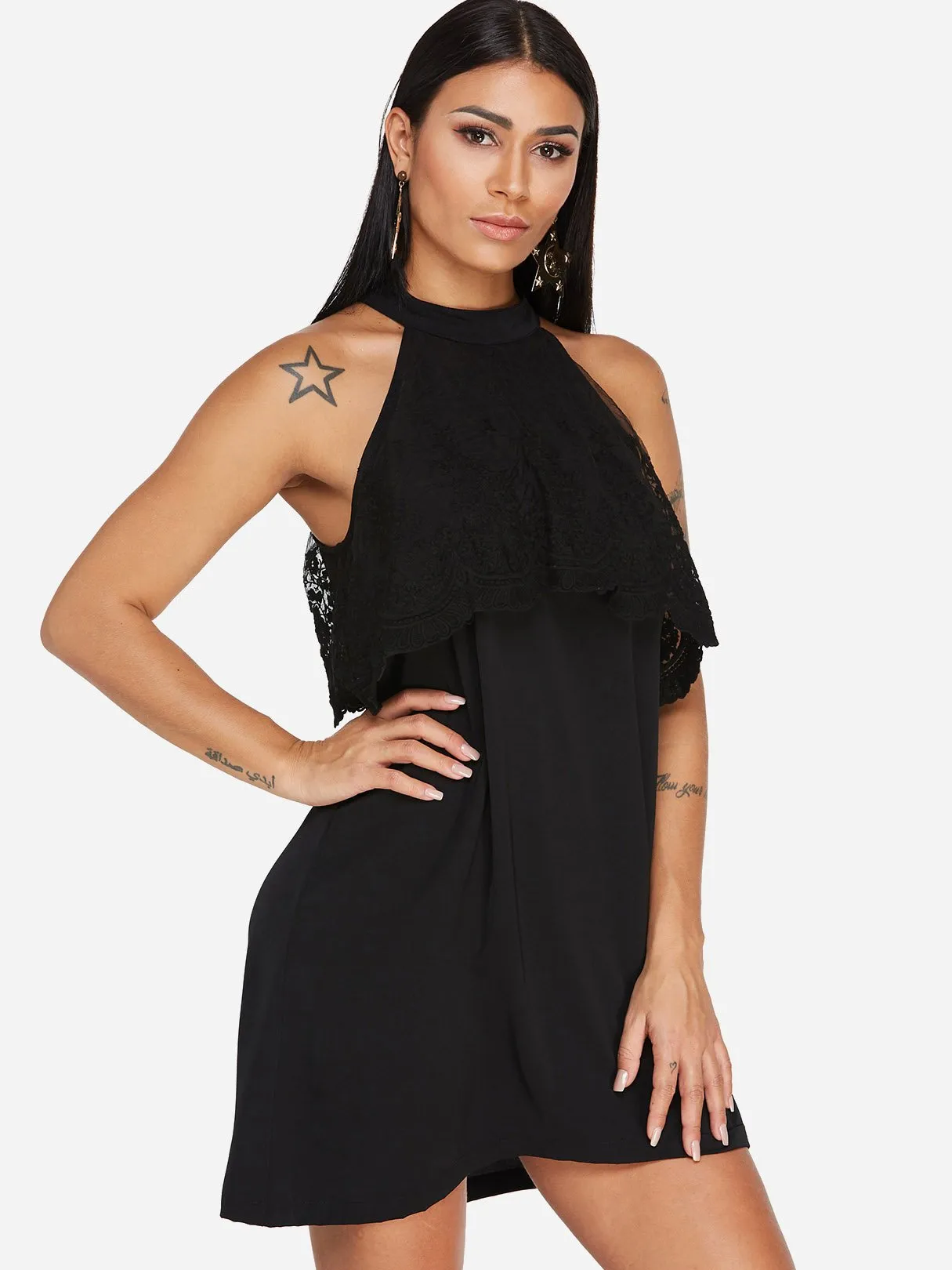 Wholesale Black Halter Sleeveless Lace Tiered Sexy Dress