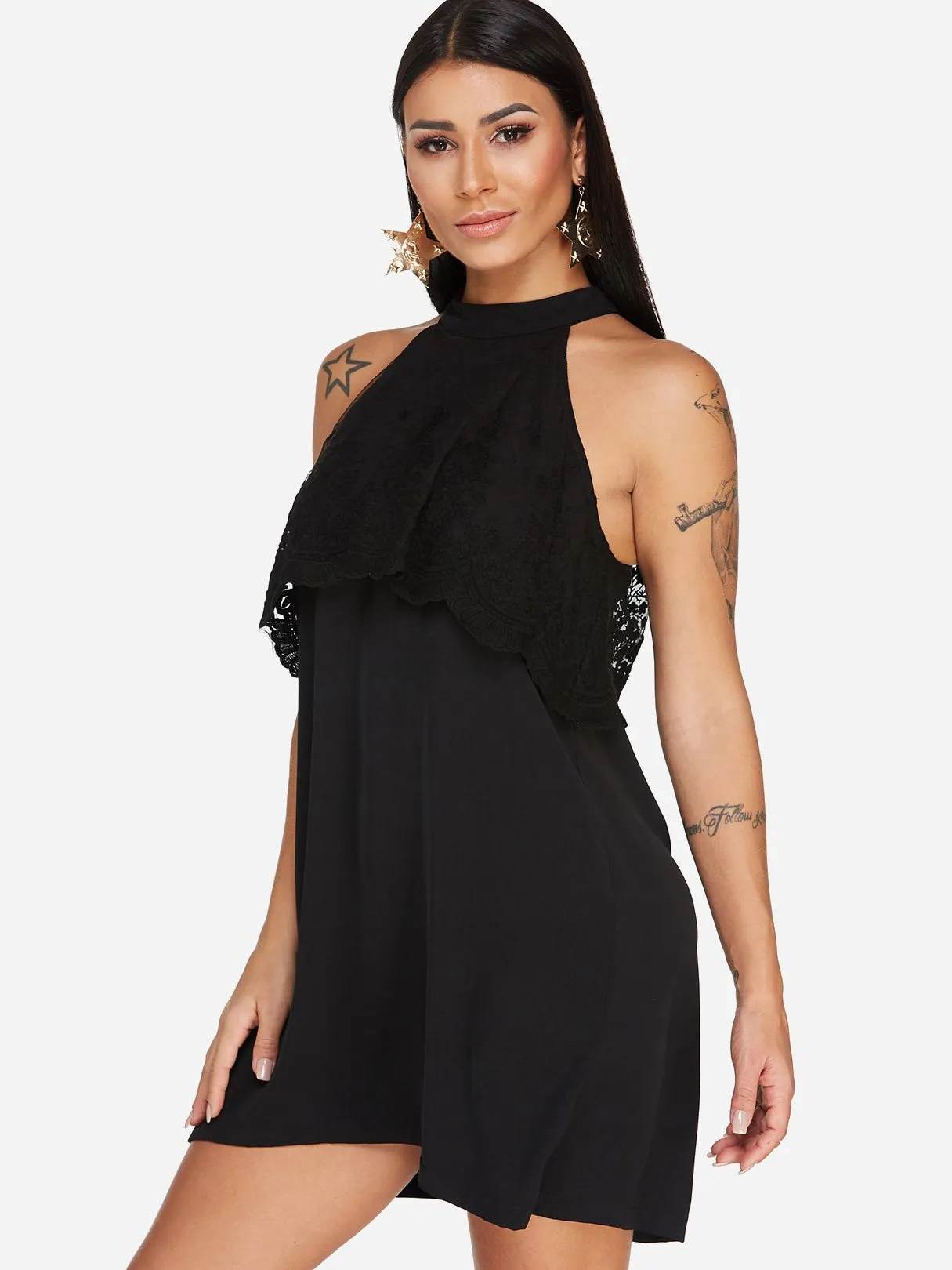 Wholesale Black Halter Sleeveless Lace Tiered Sexy Dress