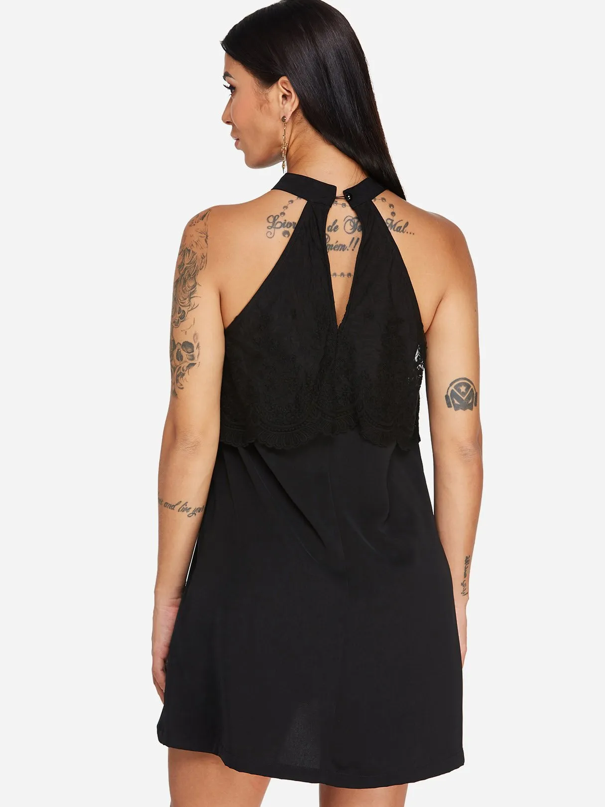 Wholesale Black Halter Sleeveless Lace Tiered Sexy Dress
