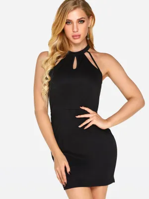 Wholesale Black Halter Sleeveless Plain Backless Cut Out Sexy Dresses