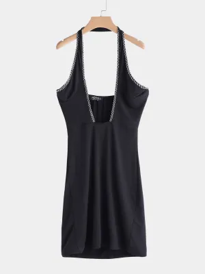 Wholesale Black Halter Sleeveless Plain Crossed Front Backless Cut Out Sexy Dresses