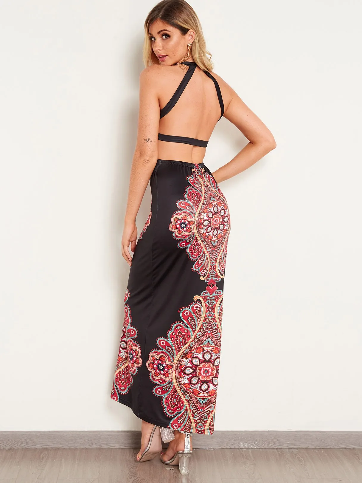 Wholesale Black Halter Sleeveless Printed Backless Sexy Dress