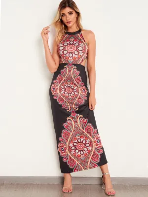 Wholesale Black Halter Sleeveless Printed Backless Sexy Dress