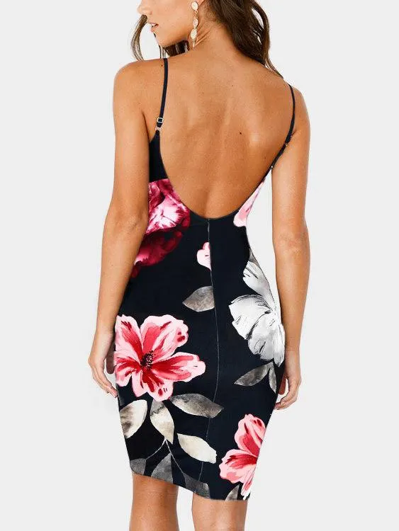 Wholesale Black Halter V-Neck Sleeveless Floral Print Backless Sexy Dresses