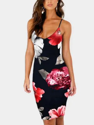 Wholesale Black Halter V-Neck Sleeveless Floral Print Backless Sexy Dresses