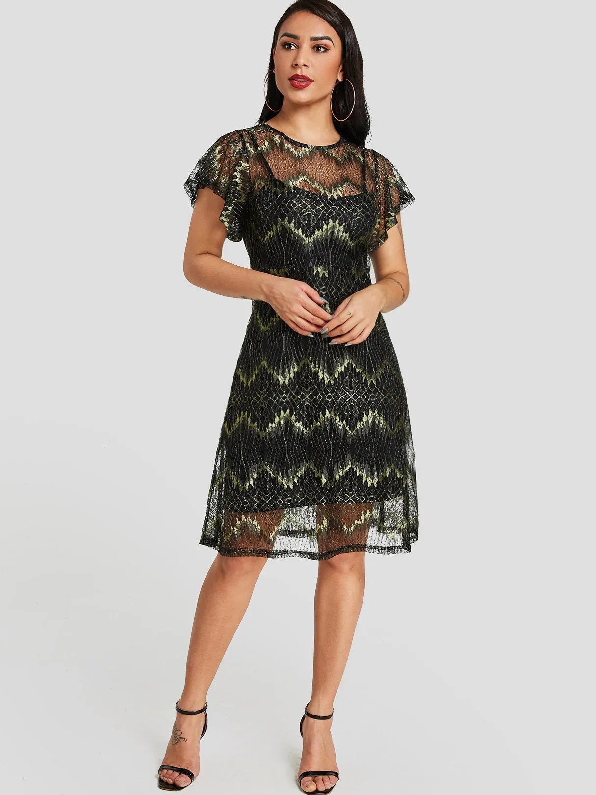 Wholesale Black Square Neck Short Sleeve Snake Spaghetti Strap See Through Sexy Dress