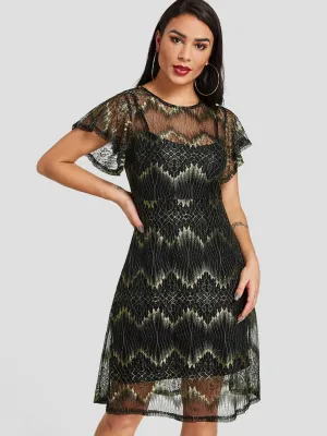 Wholesale Black Square Neck Short Sleeve Snake Spaghetti Strap See Through Sexy Dress