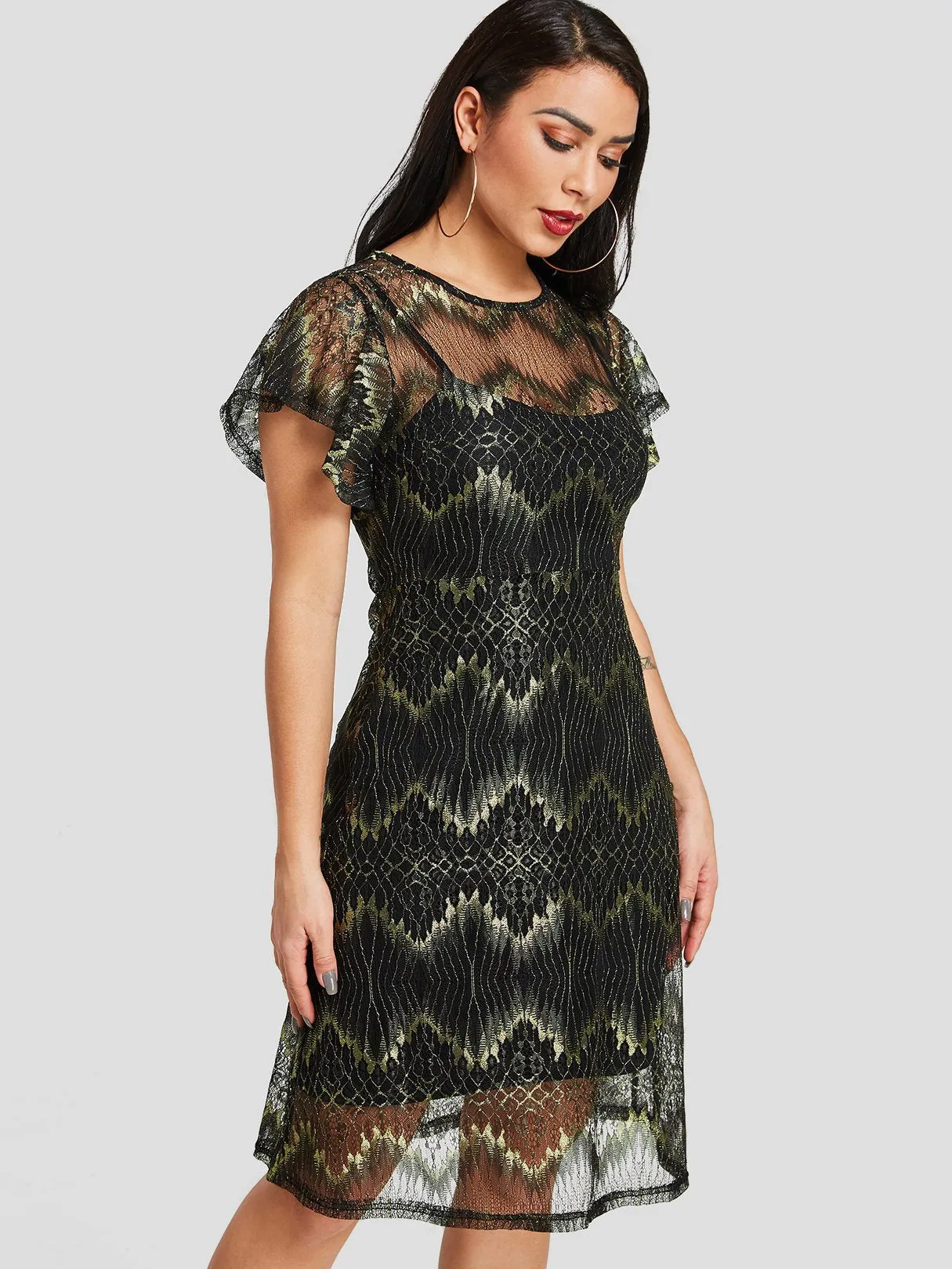 Wholesale Black Square Neck Short Sleeve Snake Spaghetti Strap See Through Sexy Dress