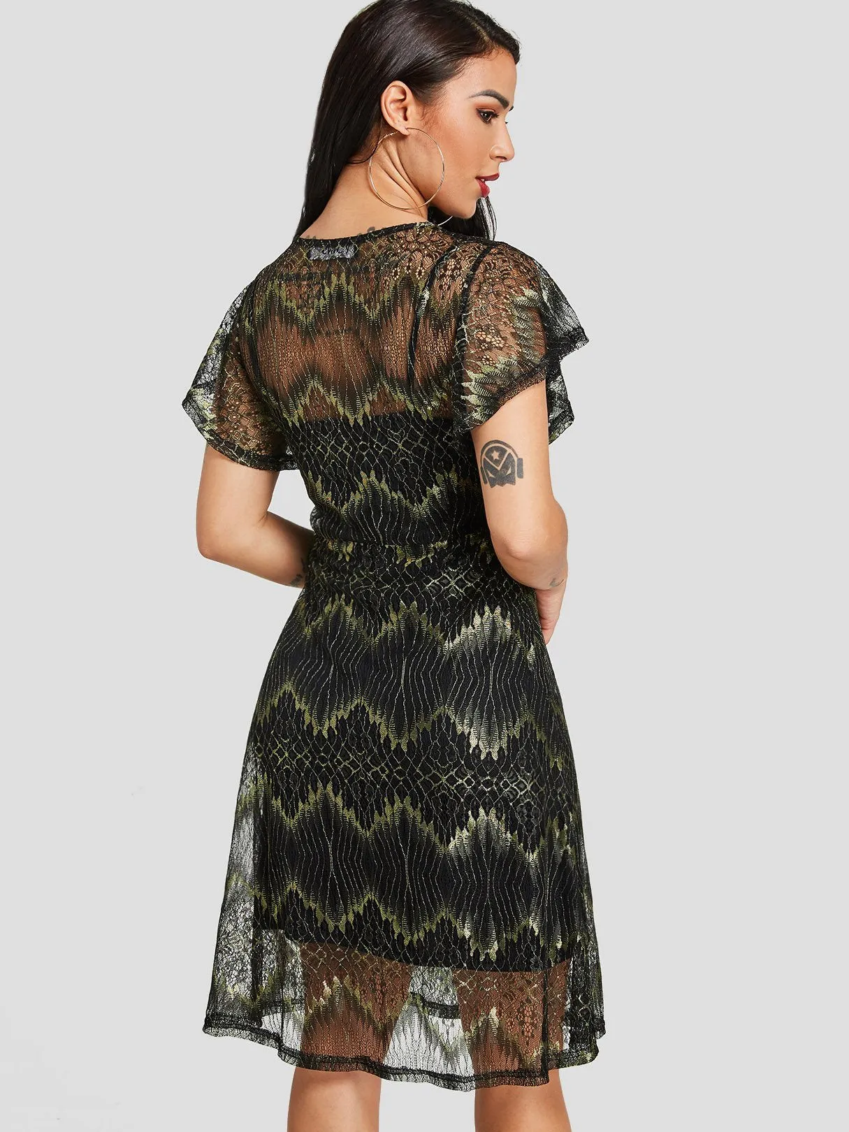 Wholesale Black Square Neck Short Sleeve Snake Spaghetti Strap See Through Sexy Dress