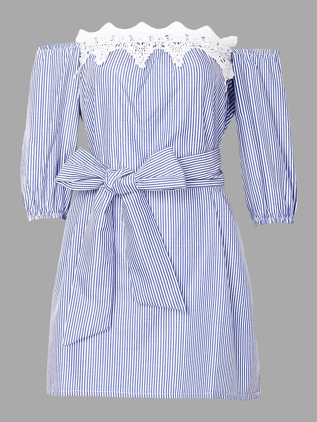 Wholesale Blue 3/4 Sleeve Length Stripe Lace Self-Tie Off The Shoulder Sexy Dress