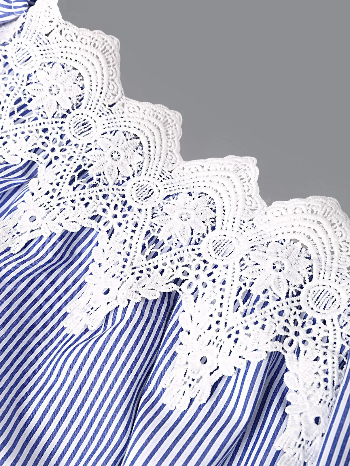 Wholesale Blue 3/4 Sleeve Length Stripe Lace Self-Tie Off The Shoulder Sexy Dress
