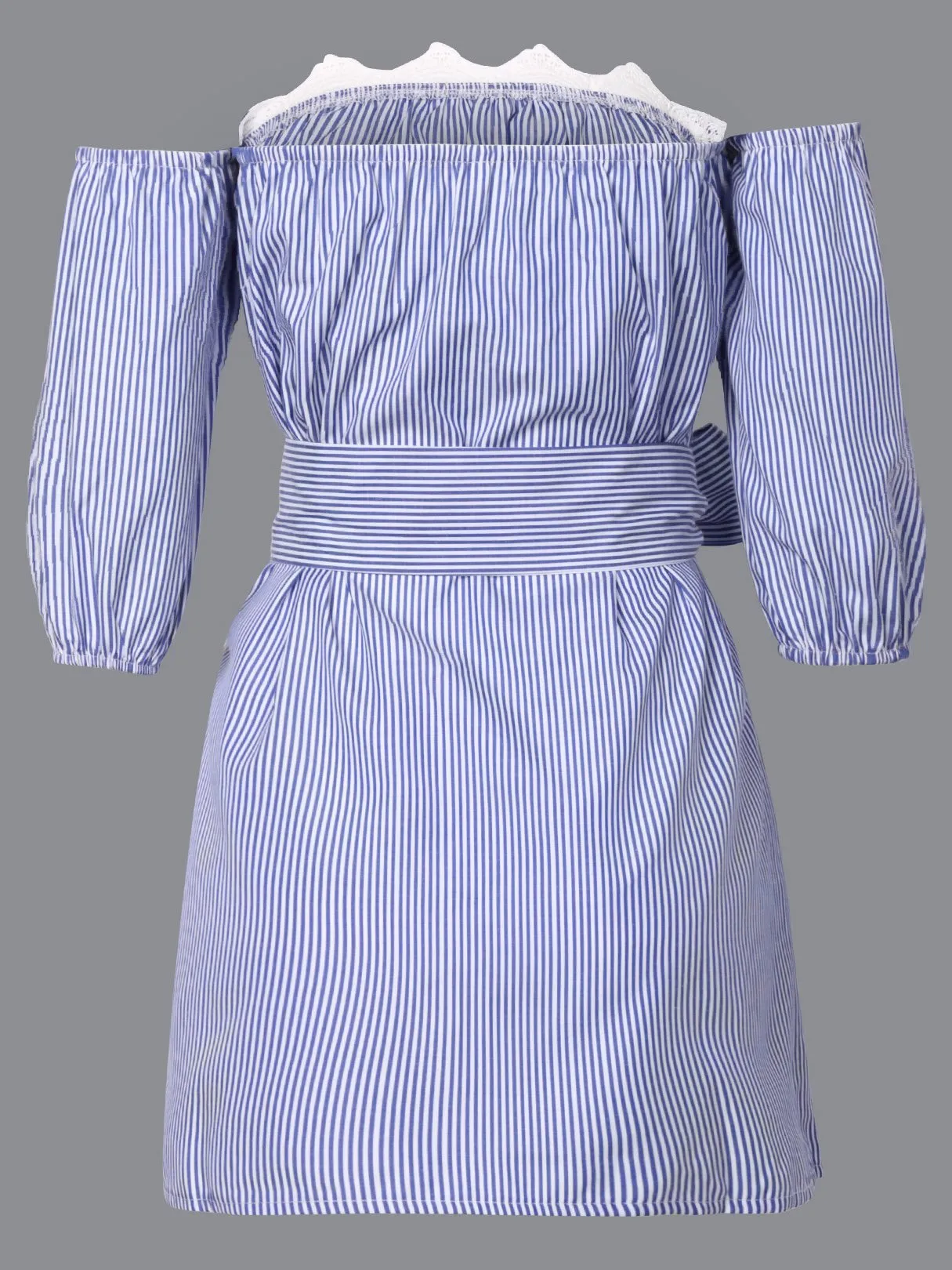 Wholesale Blue 3/4 Sleeve Length Stripe Lace Self-Tie Off The Shoulder Sexy Dress