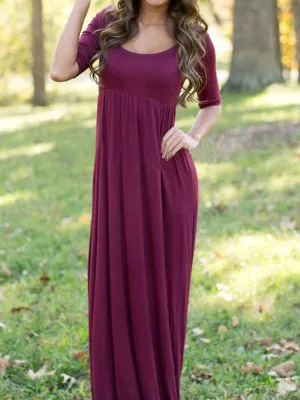 Wholesale Burgundy Round Neck Half Sleeve Plain High-Waisted Sexy Dress