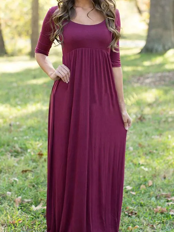 Wholesale Burgundy Round Neck Half Sleeve Plain High-Waisted Sexy Dress