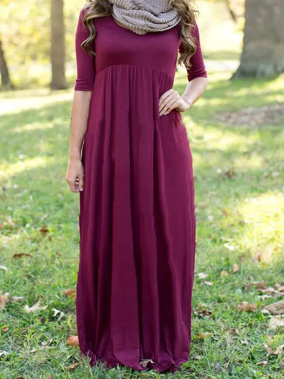 Wholesale Burgundy Round Neck Half Sleeve Plain High-Waisted Sexy Dress