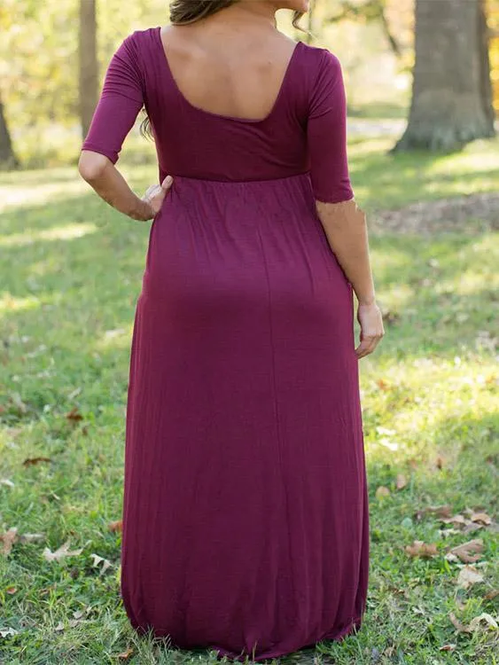 Wholesale Burgundy Round Neck Half Sleeve Plain High-Waisted Sexy Dress