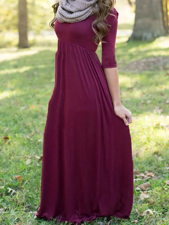 Wholesale Burgundy Round Neck Half Sleeve Plain High-Waisted Sexy Dress