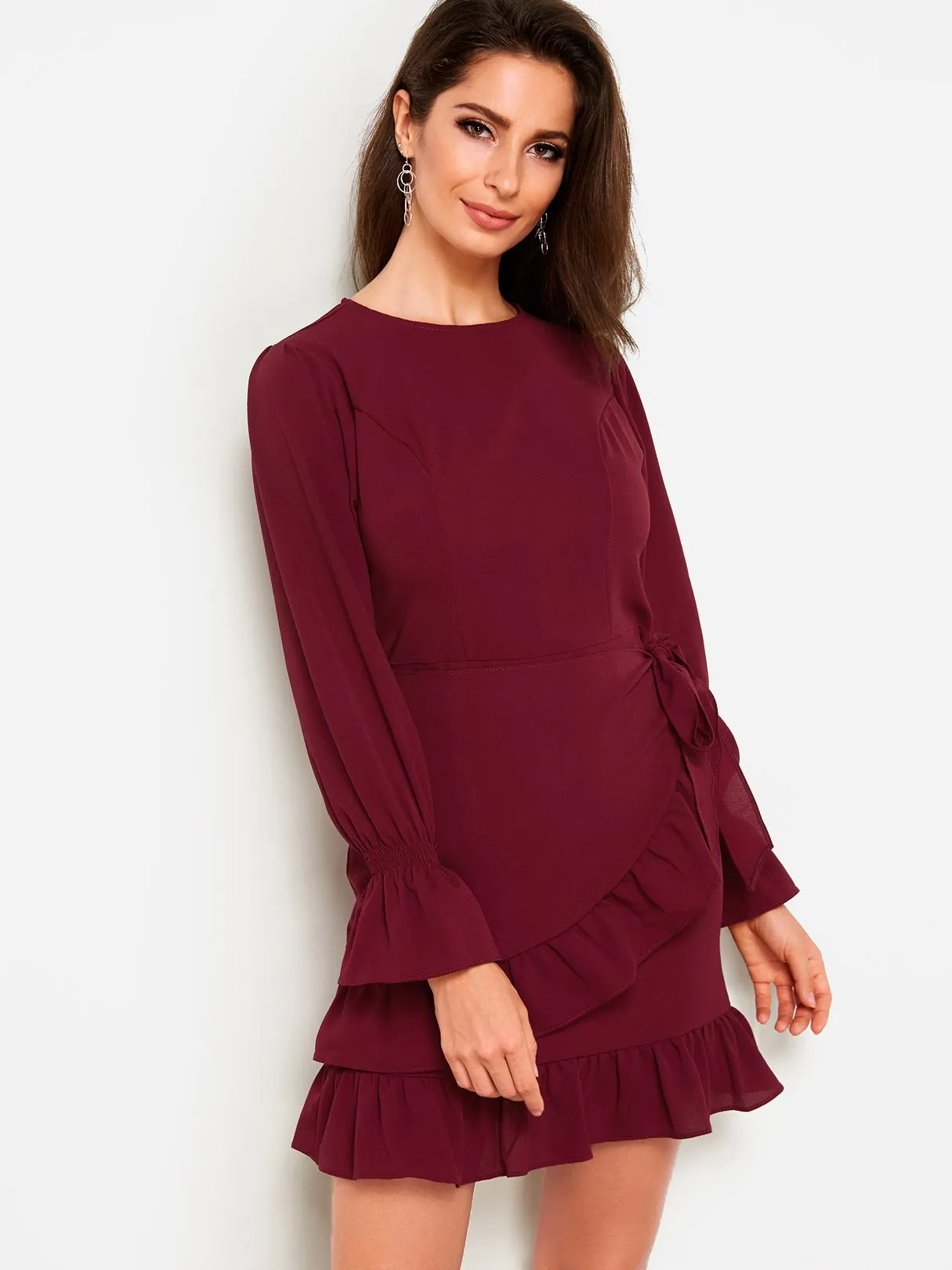 Wholesale Burgundy Round Neck Plain Self-Tie Flounced Hem Sexy Dress