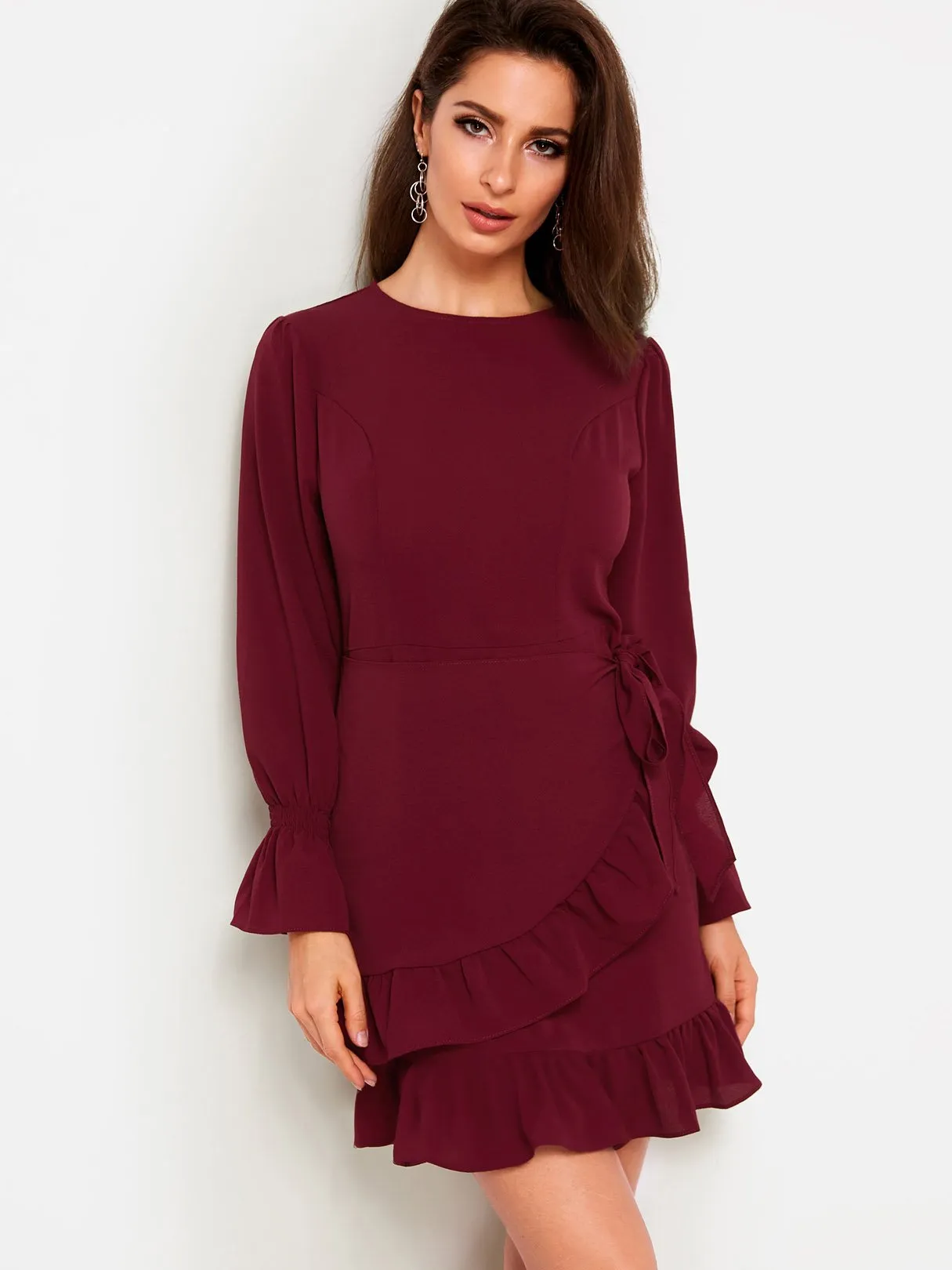 Wholesale Burgundy Round Neck Plain Self-Tie Flounced Hem Sexy Dress